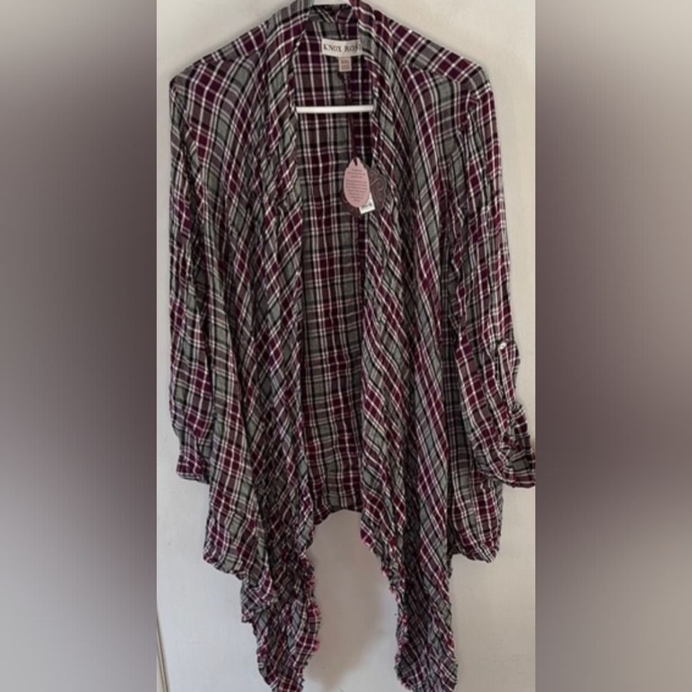 Knox Rose purple black white plaid open front waterfall top Size XXL